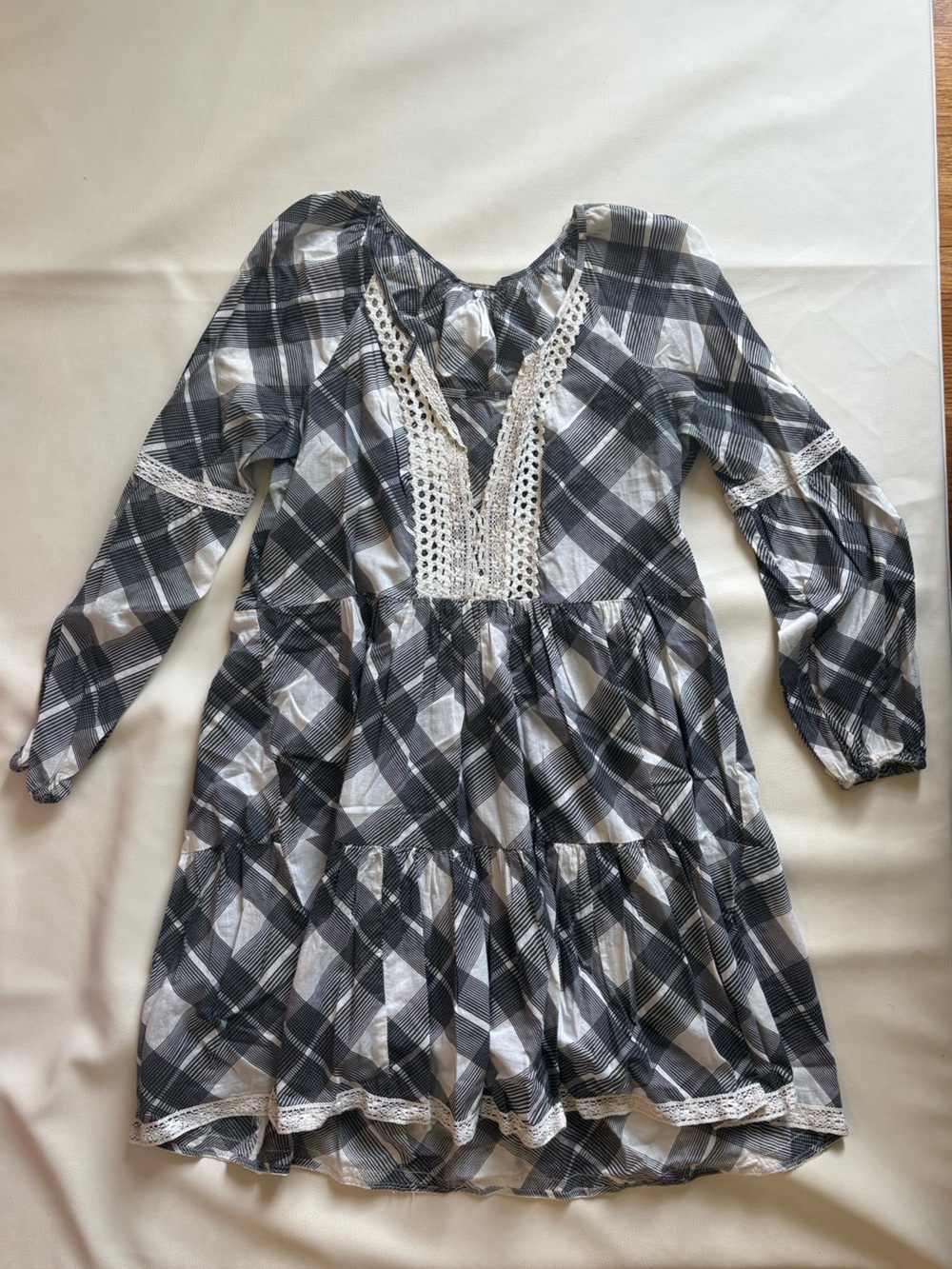 Free People Black & White Plaid Crochet-Trim Long sleeve dress